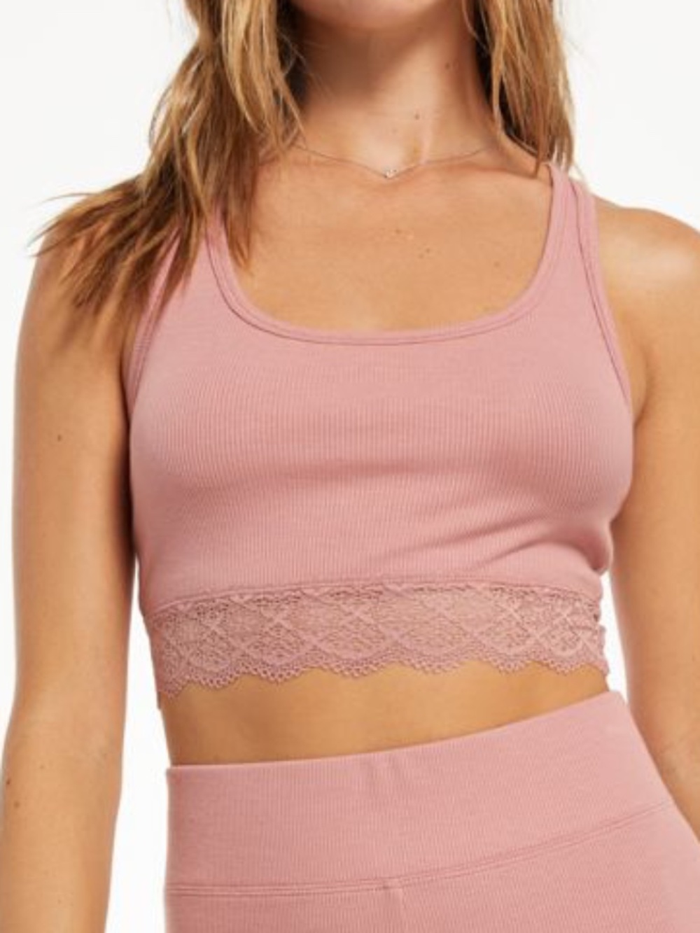 Z Supply Hailey Rib Tank Bra Rose Blossom Pink Lace Trim
